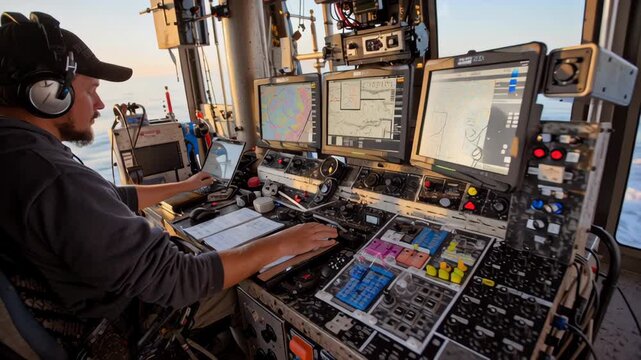 Man operating coastal survey rig with multiple monitors and control panels focused navigation and data analysis using advanced marine technology for monitoring and control panel tasks professional