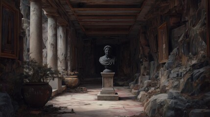 Ancient Statue in Abandoned Classical Hallway