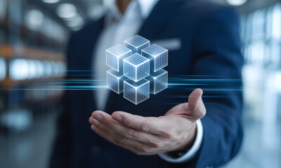 Businessman holding a floating digital cube structure representing modular technology.