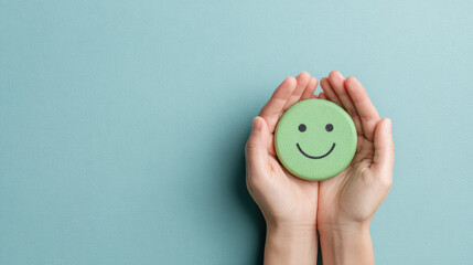 Happy green smiley face cookie held gently in two hands on blue background expressing joy and care