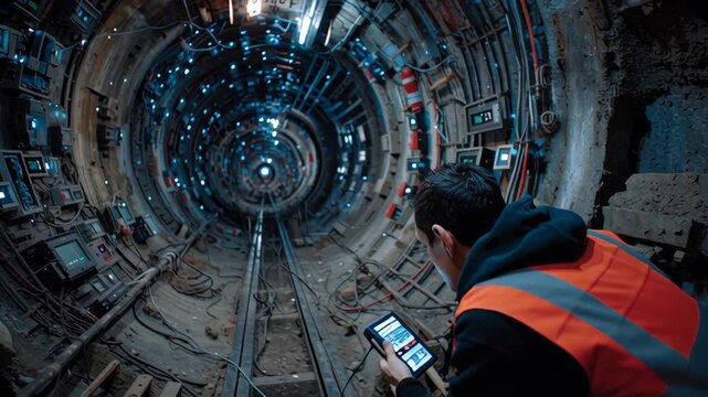 Precision measurement process during tunnel mapping with worker using electronic device inside circular underground construction site filled with sensors, cables, and advanced technology equipment