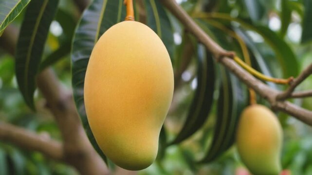 Ripe yellow mangoes hang from a tree branch surrounded by lush green leaves in a serene outdoor setting