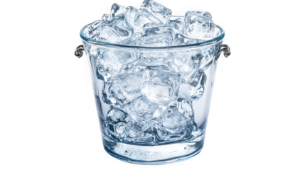 Clear glass ice bucket filled with crystalline frozen water cubes