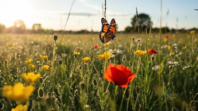 Monarch butterfly flying above wildflower meadow at sunset, use for nature, wallpaper