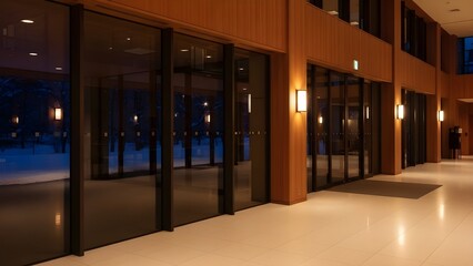 ガラス張りエントランスの夜間ロビー