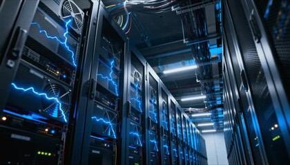 futuristic server room with blue static electricity arcs perfect for static electricity day - Powered by Adobe