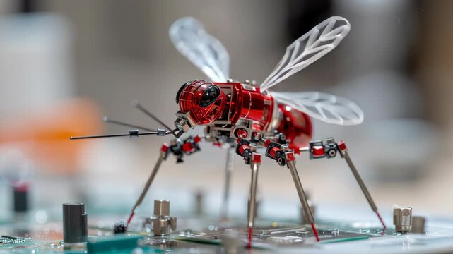 Micro robot insect robot with red metallic body and transparent wings performing precision tasks electronic circuit board lab equipment showcasing advanced technology and precision engineering