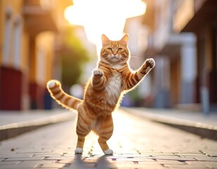 Ginger cat stands upright on a street, basking in warm sunlight