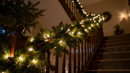 Fototapeta premium Christmas home staircase handrail decoration, pine branches and lights, warm and romantic