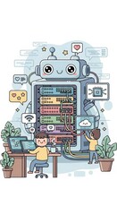 Naklejka premium Cartoon illustration depicts children working with a large, friendly robot server system in a modern office setting