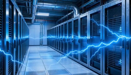 futuristic server room with blue static electricity arcs perfect for static electricity day - Powered by Adobe