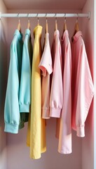 Bold pastel garments hanging on a modern clothing rail, home closet , summer, sweet, textile