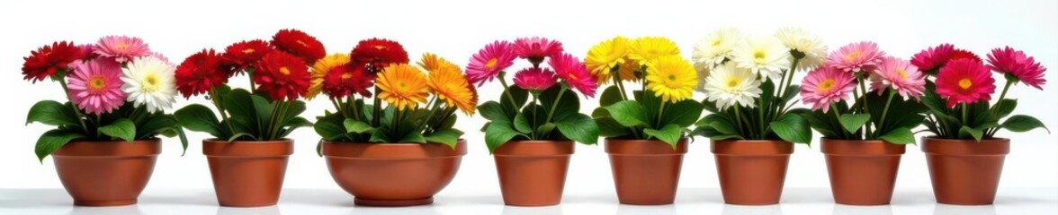 Fototapeta premium Close-up view of assorted chrysanthemums in pottery, isolated on white, closeup, image