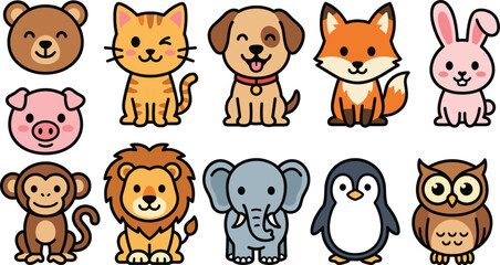 Fototapeta premium Cute cartoon animal characters set with bear, cat, dog, fox, rabbit, lion, elephant and penguin, colorful flat vector illustration