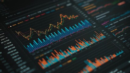 Financial data visualization with colorful line and bar charts dark digital screen showing market trends analysis for business decision making and investment insights with dynamic stock performance - Powered by Adobe