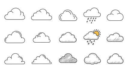 Obraz premium A diverse set of fifteen hand-drawn cloud icons in various doodle and sketch styles, including weather symbols for rain and sun.