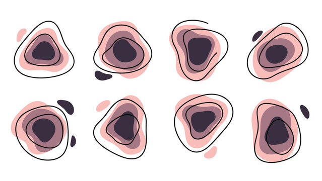 A set of eight abstract, organic shapes with layered colors and fluid line art, perfect for modern and trendy design projects.