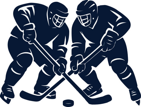 Two stylized hockey players fiercely battling for the puck during an intense faceoff in a graphic sports illustration