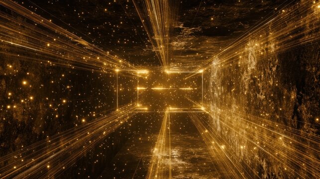 Abstract grid of pulsating laser beams forming a semi-permeable barrier, particles of dust illuminated as they pass, dark, cavernous space
