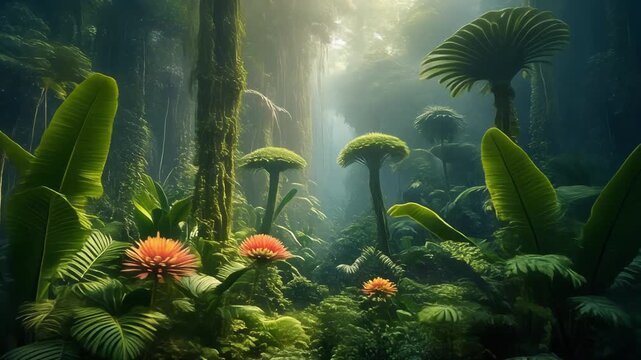 A prehistoric landscape dominated by towering megaflora, giant ferns and colossal flowers