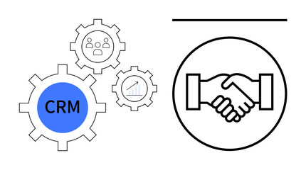 CRM concept. CRM processes highlighted by gear elements and handshake symbol for managing customer relationships. CRM supports businesses improving client interaction. Perfect for sales