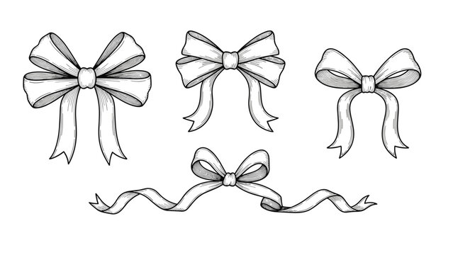 A set of four elegant, hand-drawn gift bows and ribbons, beautifully rendered in a classic black and white vintage engraving style.