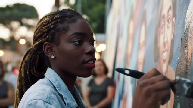 Young adult Black woman artist painting mural with brush, creative community art.