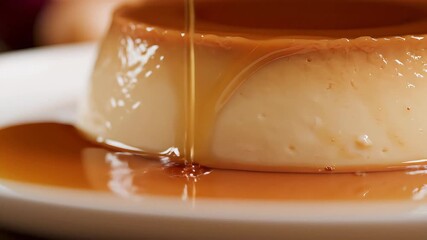 A delectable closeup shot captures rich golden caramel sauce gracefully cascading and dripping over a perfectly smooth creamy flan dessert highlighting its irresistible texture and sweet indulgence r.