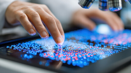 A researcher's dedicated hands precisely performing data interaction on a futuristic tablet screen, furthering scientific research and technological advancement