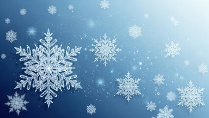 Stunning winter wonderland backdrop featuring intricate snow crystals on a serene blue gradient