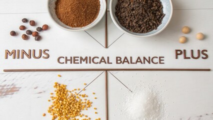 Visual Representation of Chemical Balance with Natural Ingredients and Text Elements Illustrating Minus and Plus Concepts