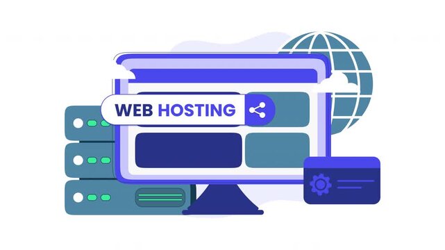 Web hosting servers animation, computer, and globe. Ideal for technology or web hosting industry concepts.