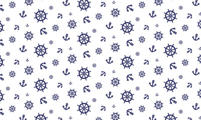サイズがバラバラの舟のラダーとアンカーマークが回転した青いパターン模様