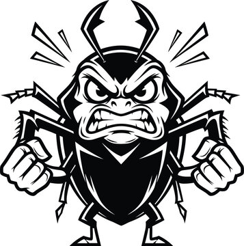 Angry cartoon bug mascot with clenched fists and a fierce aggressive expression.