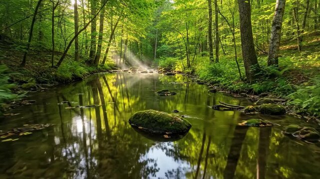 Forest stream sunlight illuminates water, trees reflected creating peaceful image
