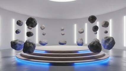 Futuristic room with floating rocks and neon lights