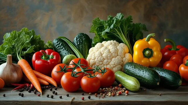 Colorful assortment of veggies showcased on a farm style table, healthy nutritional food