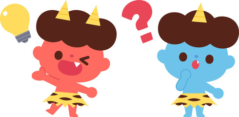 閃く赤鬼と首をかしげる青鬼