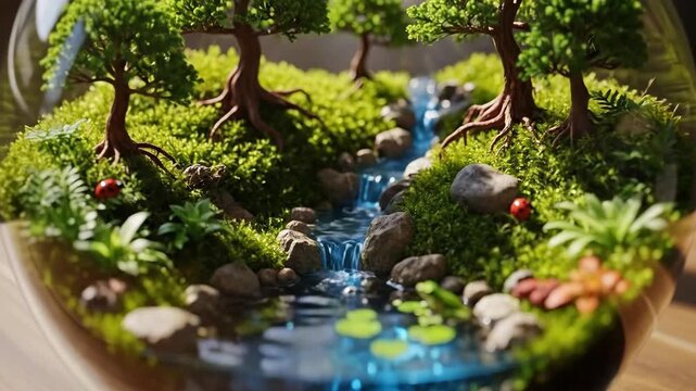 Miniature terrarium with tiny trees and flowing water; nature scene inside glass