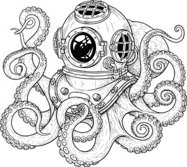 Detailed line art illustration of an octopus wearing a vintage deepsea diving helmet with curling tentacles.
