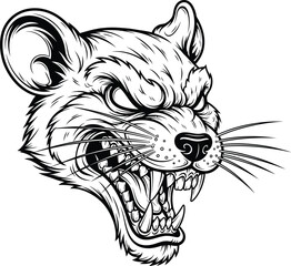 Fierce snarling rat head with sharp fangs and torn ear in a black and white line art style.