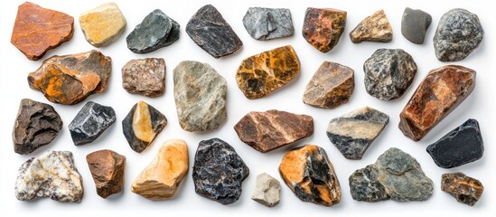Colorful stones arranged on white background, geology sample, nature texture
