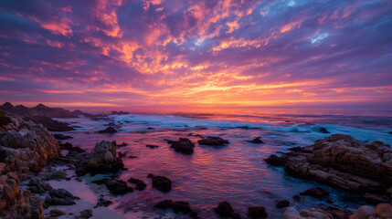 Dramatic coastal sunset illuminates vibrant magenta and orange clouds above rugged ocean rocks and incoming tide waves