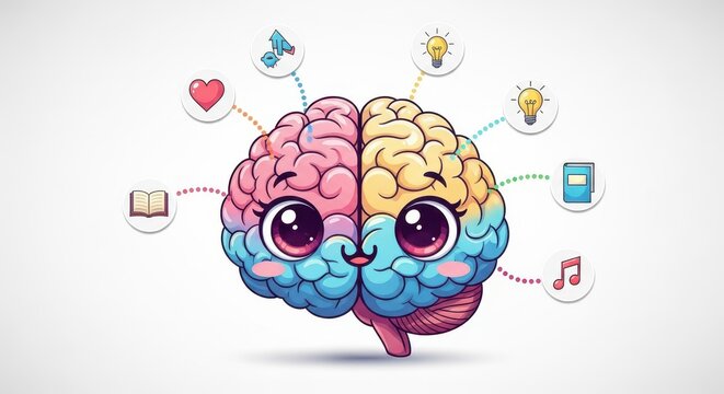 Cartoon human brain illustration depicting functions associated with each hemisphere