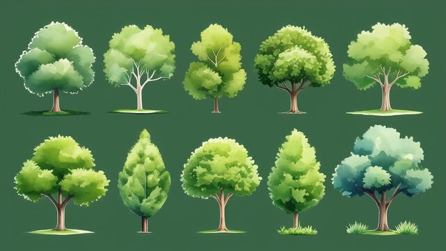 landscape architecture planning symbols, delicate watercolor tree renderings, diverse bush .