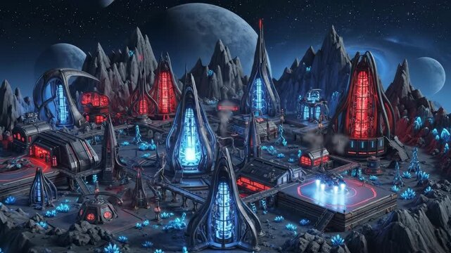 Futuristic city on an alien planet with space ships, mountains, and celestial bodies