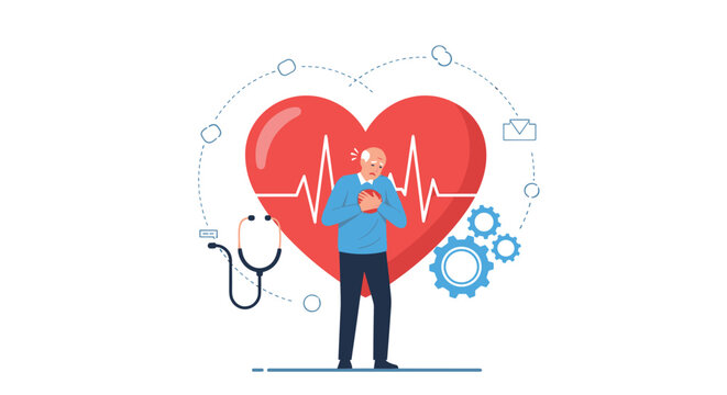 An elderly man clutches his chest from a heart attack, with a large red heart and medical icons like a stethoscope in the background.