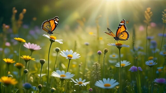Morning meadow landscape with flowers and butterflies