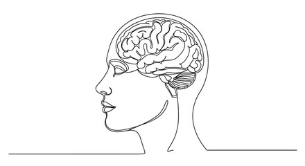 Continuous one line drawing of a human head in profile view with the brain visible, representing thought and intelligence.