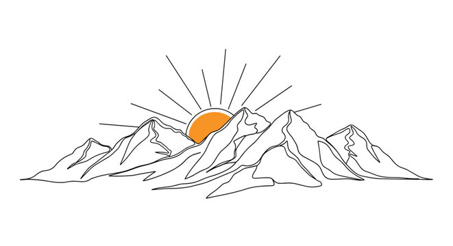 Continuous one line drawing of a mountain range with the sun rising or setting behind the peaks, creating a scenic landscape.